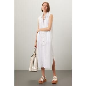 DONNI White Blue Striped Sleeveless Collared Neckline Button Front Dress Size L